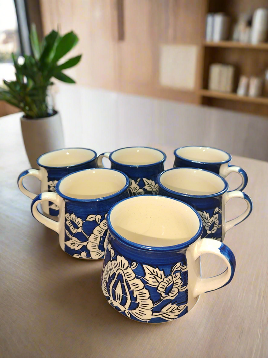 Blue Mughal ceramic tea and coffee cup set, 6-piece, 125ml each, with traditional floral design