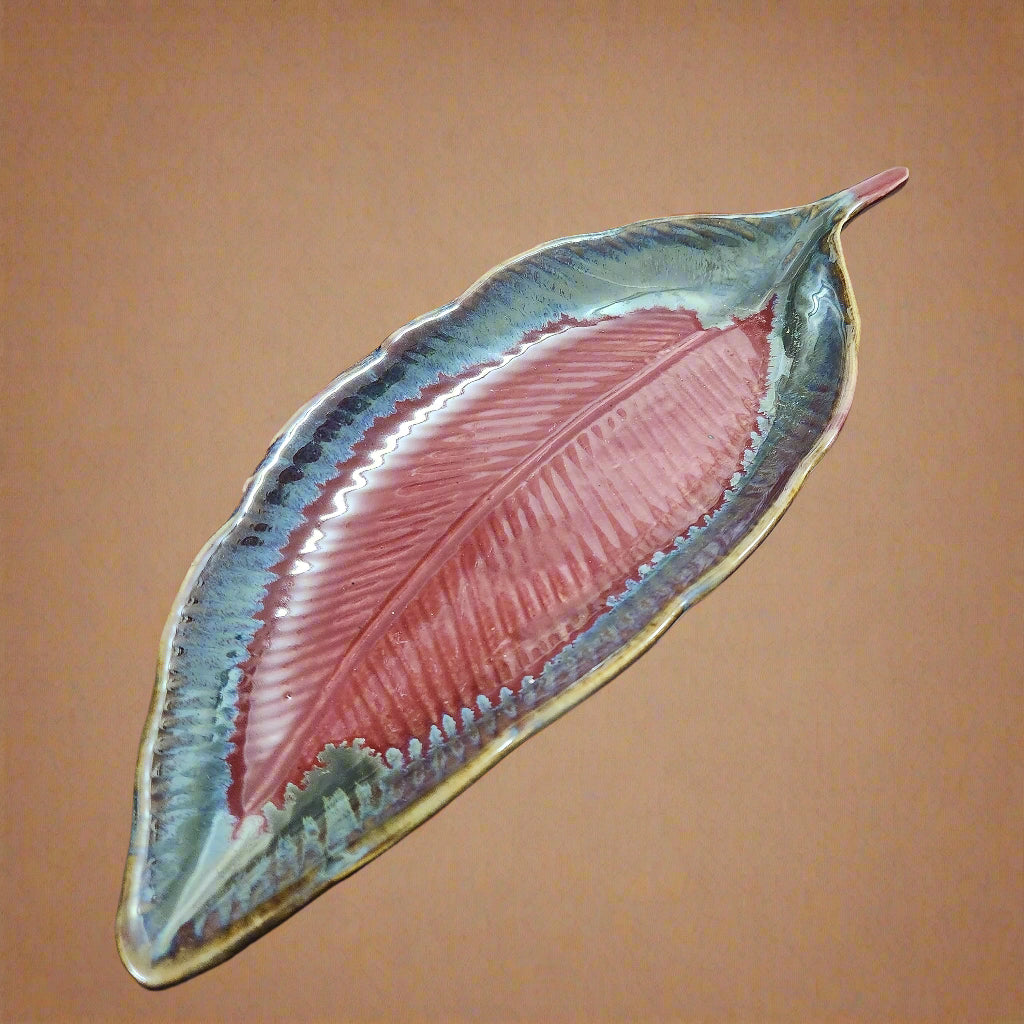 Ceramic Platter for Serving Sweets, Cookies, Starters, Snacks etc (Long Leaf (Maroon)