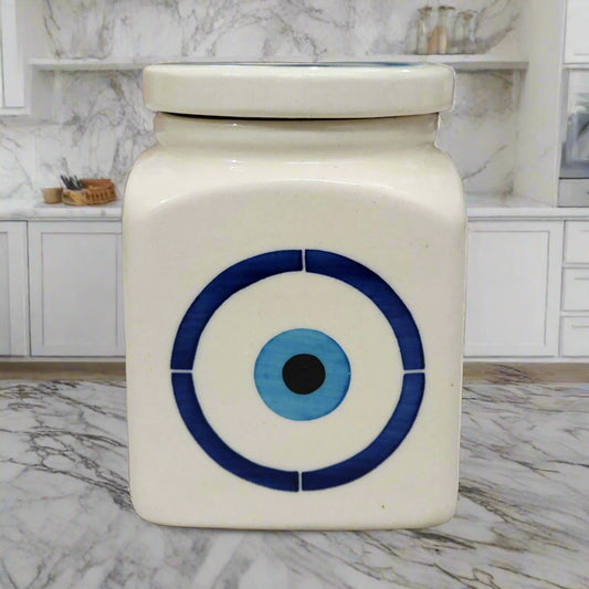 Ceramic evil eye protection airtight storage jar with wooden lid, 500ml, for storing tea, coffee, sugar, dry fruits and snacks in kitchen