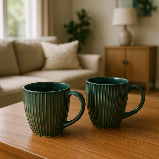A 250 ml ceramic coffee mug set with a green striped design and a large, comfortable handle