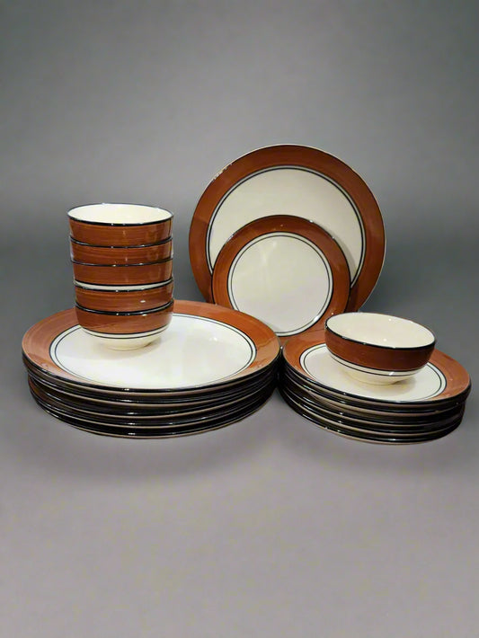 Elegant 18-piece glossy white and brown ceramic dinnerware set with plates and bowls