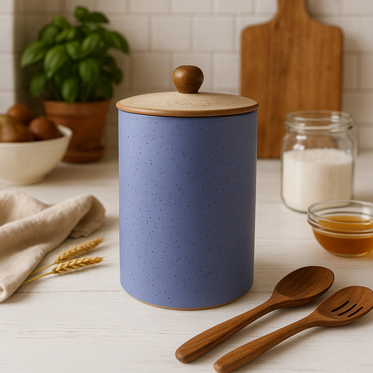 Blue Ceramic Jar with Airtight Wooden Lid – 1000ML