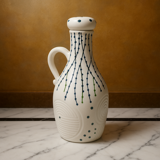 Leafy lines printed white ceramic oil dispenser bottle, 1000 ml, with handle, for kitchen use