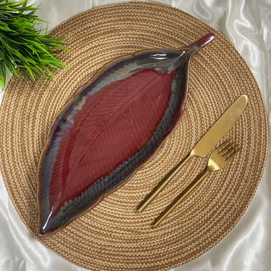 Ceramic Platter for Serving Sweets, Cookies, Starters, Snacks etc (Long Leaf (Maroon)