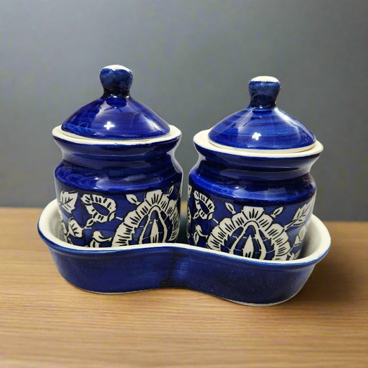Set of two blue Mughal hand-painted ceramic mini jars with airtight lids on wooden tray, 250g storage containers