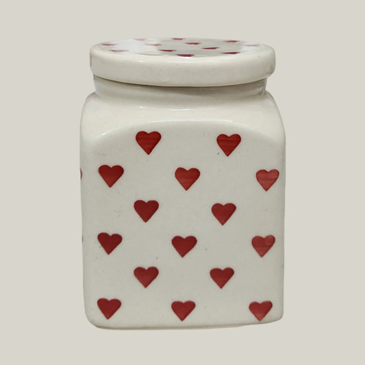 Ceramic airtight storage jar with red heart design and wooden lid, 500ml, for storing tea, coffee, sugar, dry fruits and snacks