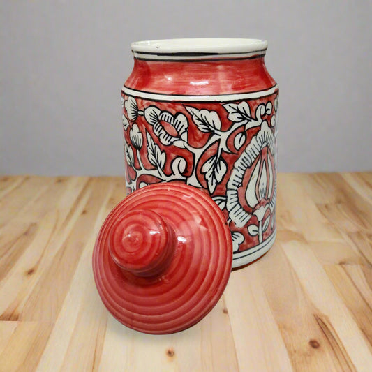 Hand-painted red Mughal ceramic storage jar with airtight wooden lid, 1000ml kitchen container for tea, coffee, or snacks
