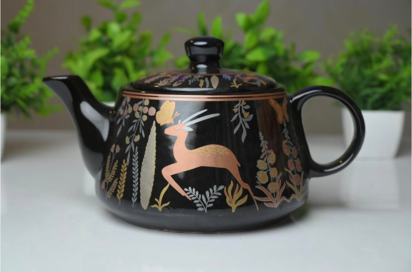 Black deer imprint cups | Elegant Tea kettle With 6 Matching Cups | Gift Ready Packaging