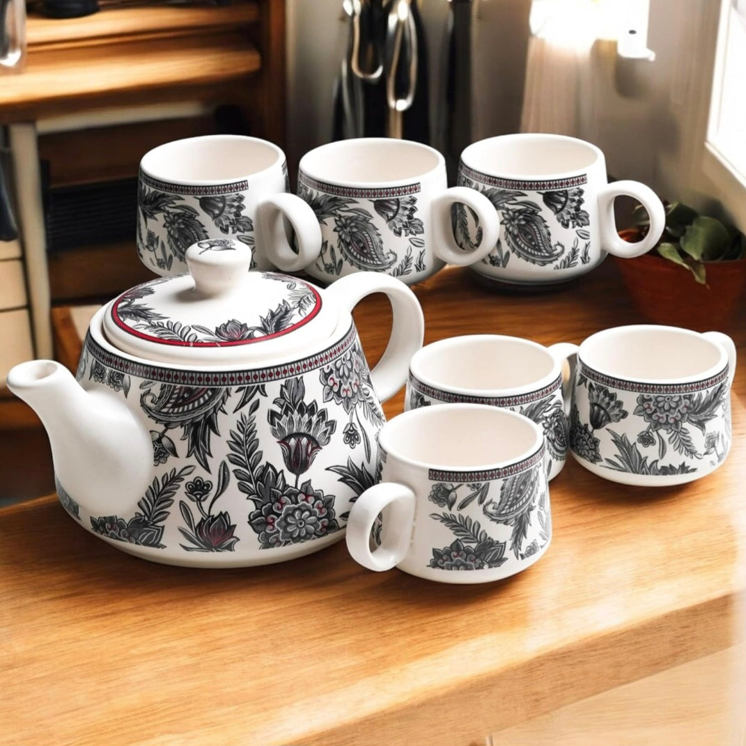 Handcrafted Ceramic Tea Pot & 6 Cup Set | Black White | Gift Ready Packaging