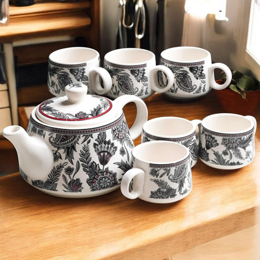 Handcrafted Ceramic Tea Pot & 6 Cup Set | Black White | Gift Ready Packaging