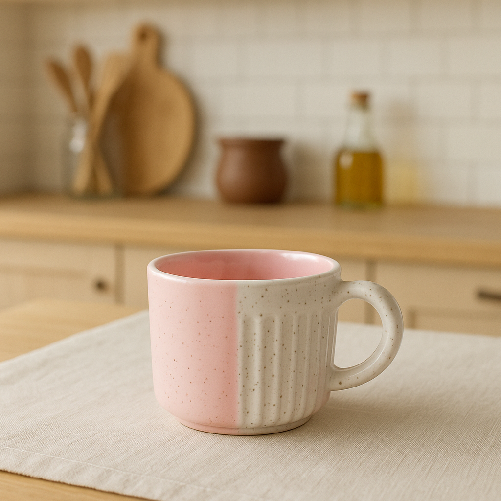 Ceramic Tea and Coffee Cup Set – 6 Piece Pack (125 ml Each) (White-Pink Striped)
