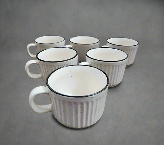 6-piece white striped ceramic tea and coffee cup set, 120ml, displayed on a modern kitchen table