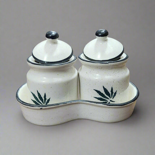 Ceramic white mini jar set with tray, 250g each, for serving and storing pickles, chutneys, spices and sauces on dining table