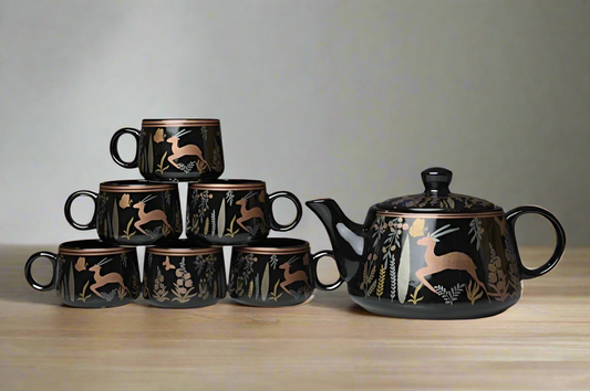 Black deer imprint cups | Elegant Tea kettle With 6 Matching Cups | Gift Ready Packaging