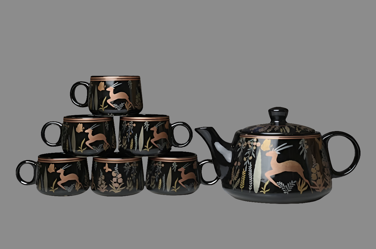 Black deer imprint cups | Elegant Tea kettle With 6 Matching Cups | Gift Ready Packaging