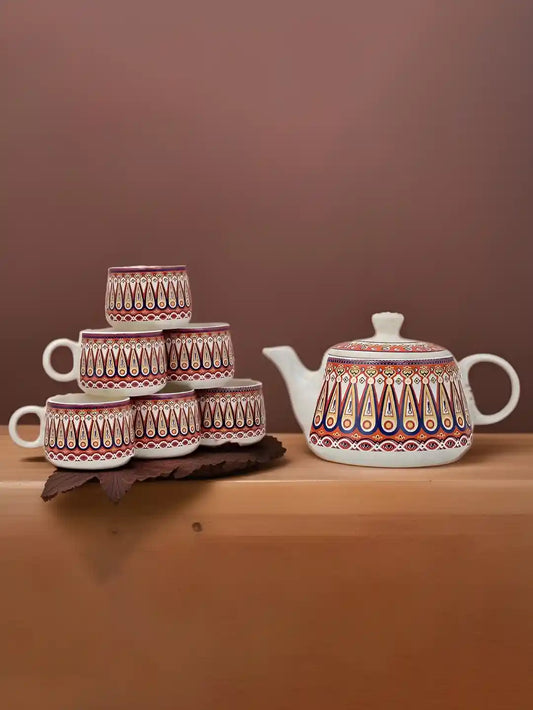 Hand Painted Ceramic Set | 6 Cups & Kettle Pot | Red & White | Gift Ready Packaging