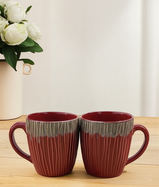 Ceramic Milk/Coffee Mugs (250 ml each) (Maroon Striped)